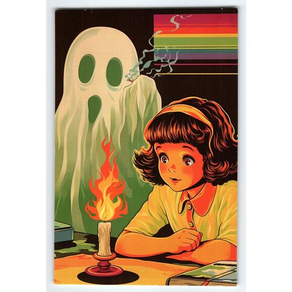 Vintage Photochrome Halloween Postcard Girl & Ghost Candle Scene 6x4 - Picture 1 of 2